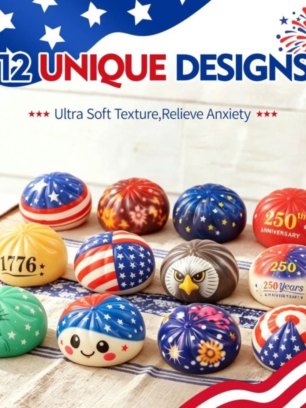 Dumplings Patriotic Stress Relief Squishy Balls - Assorted Red, Blue, White